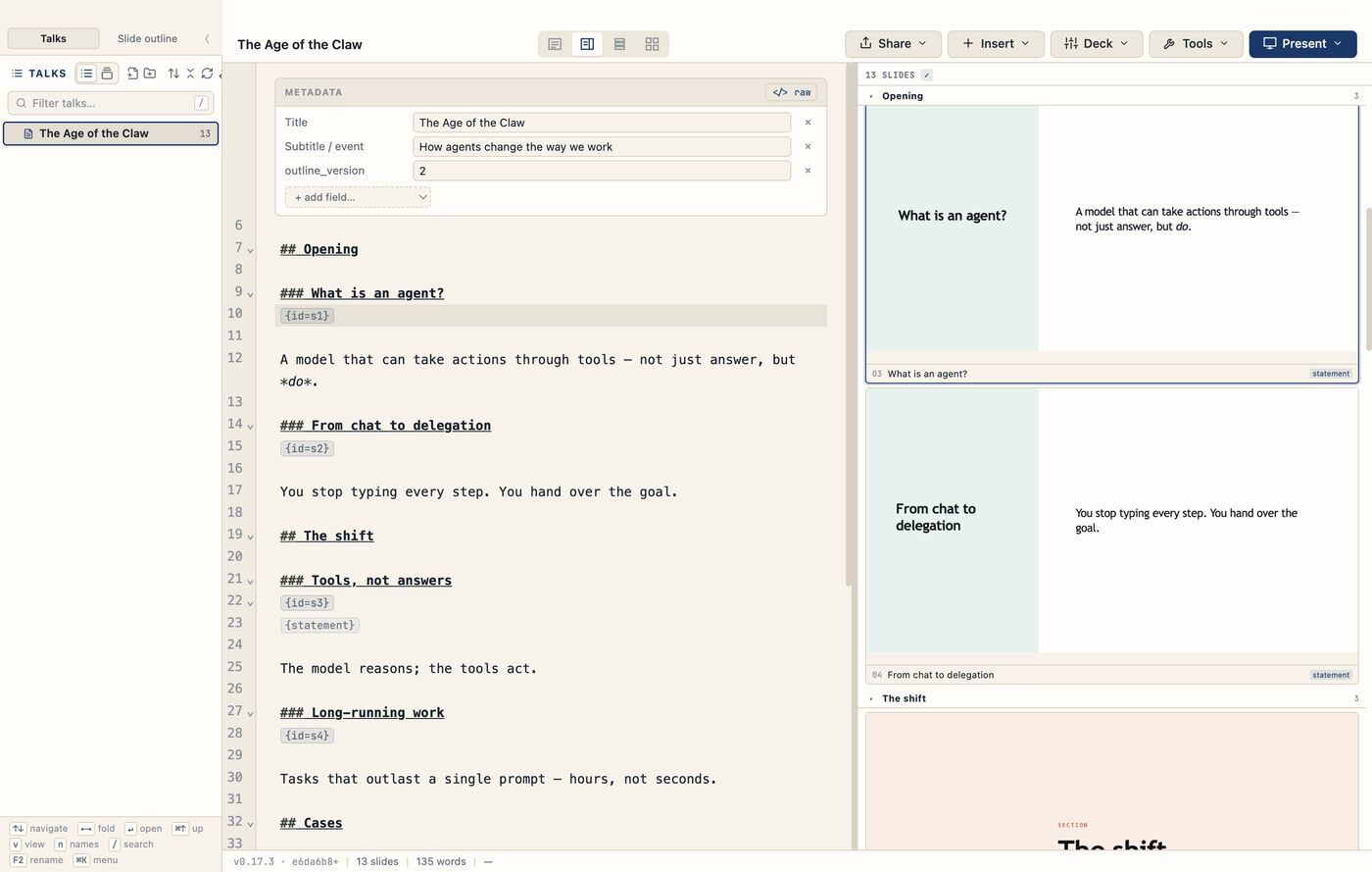 TalkWeaver editing a talk outline on the left, with the slides it makes on the right